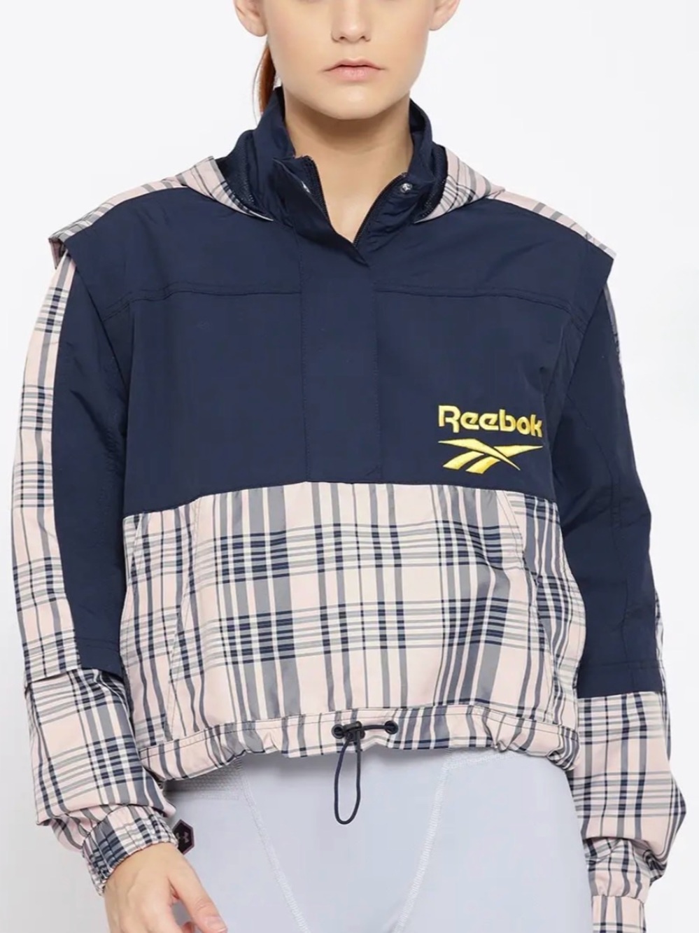 Reebok Classics Plaid Cropped Windbreaker Jacket Navy Buff Sz XS